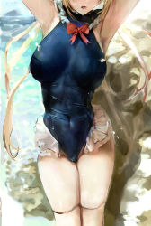Rule 34 | 1girl, adjusting hair, armpits, arms up, azur lane, bare legs, bare shoulders, beach, black ribbon, blonde hair, blue one-piece swimsuit, blue sky, breasts, closed eyes, cloud, cloudy sky, commentary request, covered navel, cowboy shot, day, dead or alive, frilled swimsuit, frills, hair ribbon, head out of frame, highres, konnichiwa kanemura, legs, legs together, long hair, marie rose, marie rose (devilish servant against the splashing waves), medium breasts, navel, neck ribbon, ocean, one-piece swimsuit, open mouth, outdoors, red ribbon, ribbon, rock, sky, solo, standing, swimsuit, thighs, twintails, water, wet, wet clothes