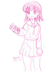 Rule 34 | 1girl, azumanga daiou, commentary request, cowboy shot, dated, graphite (medium), hand up, holding, holding clothes, holding panties, holding underwear, long sleeves, looking away, monochrome, open mouth, panties, peacock (p-location), pleated skirt, school uniform, serafuku, short hair, signature, simple background, skirt, solo, standing, takino tomo, traditional media, underwear, white background