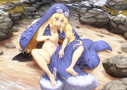 Rule 34 | 1girl, 3:, barbariank, barefoot, beach, blonde hair, blue eyes, breasts, cleavage, commentary, convenient arm, convenient censoring, holding, holding needle, large breasts, long hair, monster girl encyclopedia, navel, needle, nude, outdoors, rock, sand, selkie (monster girl encyclopedia), sewing, sewing needle, solo, stone, string, v-shaped eyebrows, very long hair, zipper pull tab