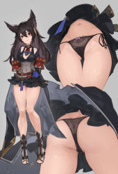 Rule 34 | 1girl, absurdres, animal ears, ass, bare legs, bare shoulders, black hair, black panties, blush, breasts, butt crack, cape, choker, cleavage, commission, ear piercing, embarrassed, erune, granblue fantasy, highres, lace, lace-trimmed panties, lace trim, long hair, looking at viewer, microskirt, multiple views, n9+, navel, nier (granblue fantasy), panties, piercing, sandals, side-tie panties, skeb commission, skirt, underwear, upskirt