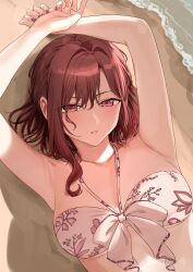 Rule 34 | 1girl, absurdres, armpits, arms up, beach, bikini, breasts, brown hair, collarbone, fingernails, floral print, hair intakes, highres, higuchi madoka, idolmaster, idolmaster shiny colors, looking at viewer, lying, medium breasts, mole, mole under eye, nail polish, nonbire, on back, on ground, red eyes, solo, swimsuit, upper body, white bikini