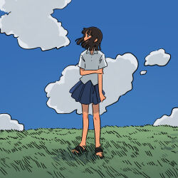 Rule 34 | 1girl, black eyes, black footwear, black hair, blue skirt, blue sky, cloud, cloudy sky, collared shirt, commentary request, covered mouth, day, field, fucca, full body, grass, hair over mouth, highres, holding own arm, horizon, light blush, looking to the side, medium hair, no socks, on grass, original, outdoors, pleated skirt, profile, raised eyebrows, sandals, shirt, short sleeves, skirt, sky, solo, standing, white shirt, wind