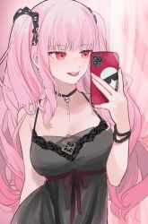Rule 34 | 1girl, absurdres, bare shoulders, black choker, black nightgown, breasts, choker, cleavage, collarbone, death-sensei (mori calliope), doll, earrings, highres, holding, holding phone, hololive, hololive english, isuka, jewelry, large breasts, long hair, looking at viewer, mori calliope, mori calliope (sleepwear), nightgown, official alternate costume, phone, pink hair, red eyes, red lips, selfie, skull choker, skull collar, skull earrings, sleepwear, smile, solo, virtual youtuber