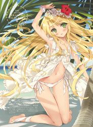 Rule 34 | ankle ribbon, arm up, armpits, bare legs, barefoot, barefoot sandals (jewelry), between toes, blonde hair, blush, collarbone, day, dengeki moeou, dress, feet, flat chest, flower, flower bracelet, gluteal fold, green eyes, hair flower, hair ornament, hibiscus, highres, kneeling, leg ribbon, long hair, navel, non-web source, open clothes, open dress, panties, ribbon, sandals, side-tie panties, sidelocks, smile, solo, sundress, toes, tsurusaki takahiro, unbuttoned, underwear, very long hair, white dress, white panties