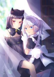 Rule 34 | 2girls, absurdres, animal ears, bell, black bow, black dress, black hair, blue eyes, book, bookshelf, bow, cat ears, curtains, dress, gloves, hair ornament, hairclip, highres, indoors, jingle bell, looking at viewer, maid, multiple girls, original, ponytail, red eyes, reeds, short ponytail, signature, sitting, szsk t s, white bow, white gloves, white hair, window, yuri