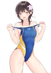 Rule 34 | 1girl, black hair, blue one-piece swimsuit, breasts, brown eyes, clothes pull, commentary request, competition swimsuit, contrapposto, covered erect nipples, covered navel, flower, hair flower, hair ornament, highres, medium hair, multicolored clothes, multicolored swimsuit, nobita (nbnobita), one-piece swimsuit, one-piece swimsuit pull, original, simple background, small breasts, solo, speedo (company), swimsuit, wet, wet clothes, wet swimsuit, white background