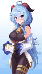 Rule 34 | 1girl, ahoge, ardenlolo, artist name, bare shoulders, bell, black gloves, black legwear, blue hair, blush, bodystocking, breasts, chinese clothes, closed mouth, clothes lift, covered navel, cowboy shot, curled horns, detached collar, detached sleeves, embarrassed, ganyu (genshin impact), genshin impact, gloves, gold trim, highres, horns, large breasts, lifted by self, logo, long hair, neck bell, paid reward available, pelvic curtain, purple eyes, shirt lift, sidelocks, solo, thighlet, thighs, very long hair