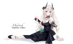 Rule 34 | 1girl, absurdres, arknights, arm garter, artist name, bangle, black dress, black footwear, black gloves, bracelet, breasts, character name, chinese commentary, cleavage, cup, demon horns, dress, drinking glass, earrings, expressionless, full body, gloves, high heels, highres, holding, holding cup, horns, ice, ice cube, iikee, jewelry, long hair, looking to the side, medium breasts, mudrock (arknights), mudrock (obsidian) (arknights), necklace, official alternate costume, parted lips, partially fingerless gloves, pointy ears, red eyes, red wine, simple background, single earring, single glove, sitting, sleeveless, sleeveless dress, solo, white background, white hair, wine, wine glass