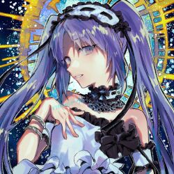 Rule 34 | 1girl, bare shoulders, collar, commentary request, detached collar, dress, fate/grand order, fate/hollow ataraxia, fate (series), frilled collar, frilled dress, frills, hand on own chest, headdress, hmsj yr my, lips, long hair, looking at viewer, parted bangs, parted lips, pink lips, purple eyes, purple hair, solo, stheno (fate), strapless, strapless dress, twintails, twitter username, very long hair, white dress