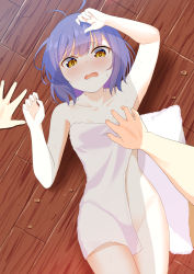 Rule 34 | 1boy, 1girl, absurdres, bare arms, bare shoulders, blue hair, blush, brown eyes, collarbone, commentary request, fang, gochuumon wa usagi desu ka?, grabbing, grabbing another&#039;s breast, groin, hetero, highres, jouga maya, kousaka nobaku, looking at viewer, lying, male hands, naked towel, nose blush, on back, on floor, open mouth, pov, pov hands, towel, wet, wooden floor
