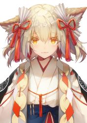 Rule 34 | 1girl, animal ears, blush, closed mouth, hair between eyes, hair ornament, highres, japanese clothes, kimono, looking at viewer, original, saihate (d3), sash, silver hair, simple background, smile, solo, upper body, white background, white kimono, yellow eyes