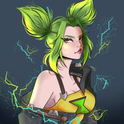 Rule 34 | 1girl, absurdres, bandaid, bandaid on face, breasts, brown eyes, cleavage, coat, electricity, freckles, glowing, glowing hair, green hair, highres, league of legends, short twintails, sideboob, twintails, voiidkatt, zeri (league of legends)