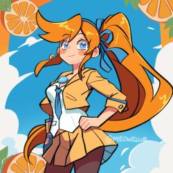 Rule 34 | 1girl, ace attorney, arm at side, athena cykes, blue eyes, blue gloves, blue necktie, blue ribbon, blue sky, blush stickers, brown pantyhose, closed mouth, cloud, collared shirt, cowboy shot, crescent, crescent earrings, cropped jacket, earrings, food, fruit, gloves, hair ribbon, hand on own hip, highres, jacket, jewelry, lapel pin, lapels, long hair, looking at viewer, meowillus, miniskirt, necklace, necktie, orange (fruit), orange hair, pantyhose, pleated skirt, pocket, ribbon, shirt, side ponytail, sidelocks, single earring, single glove, skirt, sky, sleeve cuffs, sleeves past elbows, smile, solo, swept bangs, twitter username, untucked shirt, very long hair, white shirt, yellow jacket