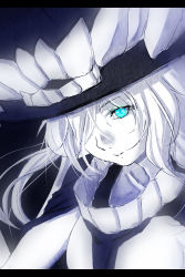 Rule 34 | 10s, blue eyes, collar, glowing, glowing eyes, gradient background, hat, highres, kantai collection, long hair, looking at viewer, monochrome, niwatazumi, one eye covered, open mouth, solo, teeth, white hair, wo-class aircraft carrier