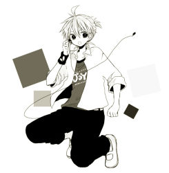 Rule 34 | 1boy, :o, adjusting earphones, antenna hair, anzu (o6v6o), clenched hand, clothes writing, collared shirt, greyscale, kagamine len, male focus, monochrome, pants, ponytail, shirt, shoes, single earphone removed, sleeves rolled up, solo, squatting, t-shirt, vocaloid, wristband