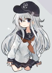 Rule 34 | 1girl, anchor, anchor symbol, blue eyes, cropped legs, flat cap, hair between eyes, hat, hibiki (kancolle), highres, kantai collection, long hair, long sleeves, mika (hh7), neckerchief, one-hour drawing challenge, pleated skirt, red neckerchief, sailor collar, school uniform, serafuku, signature, silver hair, simple background, skirt, smile, solo, star (symbol)