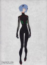 Rule 34 | 1girl, absurdres, arms at sides, ayanami rei, blue hair, bodysuit, closed eyes, copyright name, flat chest, full body, grey background, hair between eyes, head tilt, highres, narrow waist, neon genesis evangelion, open mouth, plugsuit, short hair, simple background, solo, source name, standing