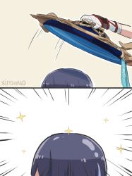 Rule 34 | 2boys, 2koma, artist name, bandaged arm, bandages, blue headwear, comic, commentary, emphasis lines, from behind, genshin impact, hat, highres, kaedehara kazuha, motion lines, multiple boys, purple hair, removing hat, scaramouche (genshin impact), silent comic, simple background, sparkle, symbol-only commentary, wanderer (genshin impact), white background, xinzoruo, yellow background