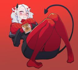 Rule 34 | 1girl, absurdres, ass, book, breasts, chimjoljol (cute goblin), demon horns, demon tail, drooling, grin, heart, heart-shaped pupils, helltaker, highres, horns, large breasts, modeus (helltaker), pantyhose, pink eyes, red background, red pantyhose, simple background, skirt, sleeves past wrists, smile, solo, sweater, symbol-shaped pupils, tail, turtleneck, turtleneck sweater, white hair
