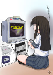 Rule 34 | 1girl, akashieru, black hair, commentary request, controller, from behind, game console, game controller, gamecube, hatsuyuki (kancolle), highres, indian style, kantai collection, long hair, nintendo gamecube, one-hour drawing challenge, playing games, school uniform, sega saturn, serafuku, shirt, sitting, solo, super famicom, super famicom cartridge, super famicom naizou tv sf1, super robot wars, super robot wars 4, television, translation request, white shirt