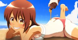 Rule 34 | 1girl, ass, awa, barefoot, beach, breasts, brown hair, butt crack, cloud, disembodied hand, grin, looking at viewer, lying, medium breasts, ocean, odagiri futaba, oil, on stomach, sand, sansha san&#039;you, smile, swimsuit, tan, tanline, yellow eyes