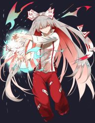 Rule 34 | 1girl, baggy pants, black background, bright pupils, burnt, burnt clothes, buttons, closed mouth, collared shirt, commentary request, damaged, eyelashes, fingernails, from below, fujiwara no mokou, highres, hime cut, injury, kerok (joniko1110), long hair, long sleeves, looking at viewer, looking to the side, ofuda, pants, red eyes, red pants, shirt, sidelocks, silver hair, simple background, sky, smoke, solo, sparkle, standing, suspenders, touhou, very long hair, white pupils, white shirt