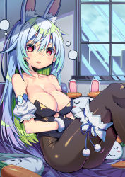 Rule 34 | 1girl, absurdres, alternate breast size, animal ear fluff, animal ears, bare shoulders, bedroom, black gloves, black leotard, black pantyhose, blue hair, breasts, bridal garter, chai mao, cleavage, clothing cutout, collarbone, commentary request, detached sleeves, don-chan (usada pekora), fur-trimmed gloves, fur trim, gloves, hair down, highres, hikimayu, hololive, indoors, large breasts, leotard, long hair, looking at viewer, low neckline, on bed, pantyhose, parted lips, pekomon (usada pekora), playboy bunny, puffy short sleeves, puffy sleeves, rabbit ears, red eyes, shiny clothes, shiny legwear, short sleeves, sitting, solo, strapless, strapless leotard, thick eyebrows, underboob cutout, usada pekora, usada pekora (1st costume), virtual youtuber, waking up, white sleeves, window