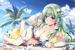 Rule 34 | 1girl, arm support, arm up, ball, barefoot, beach, beachball, bikini, bird, blue bikini, blue eyes, blue sky, blush, breasts, cleavage, closed mouth, collarbone, day, dot nose, feet, frilled bikini, frilled thighhighs, frills, frog, frog hair ornament, front-tie bikini top, front-tie top, full body, green eyes, green hair, groin, hair ornament, hair tubes, halterneck, hand in own hair, kochiya sanae, large breasts, lens flare, long hair, looking at viewer, lying, miyase mahiro, ocean, on side, outdoors, palm tree, sand, seagull, seashell, shell, side-tie bikini bottom, single thighhigh, sky, smile, snake, solo, string bikini, striped bikini, striped clothes, swimsuit, thigh strap, thighhighs, toes, touhou, tree, water, water drop, waves, wet