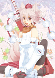 Rule 34 | 1girl, animal ears, b-ginga, bare shoulders, black thighhighs, buckle, crossed legs, detached sleeves, female focus, geta, hat, inubashiri momiji, open mouth, pom pom (clothes), red eyes, scarf, short hair, sitting, smile, solo, sword, tail, thighhighs, tokin hat, touhou, v arms, weapon, white hair, wolf ears, wolf tail