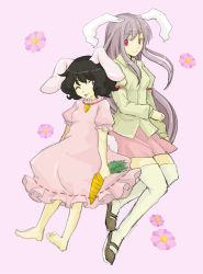 Rule 34 | 2girls, :p, alternate color, animal ears, barefoot, black hair, brown eyes, carrot, dress, female focus, floral background, inaba tewi, multiple girls, one eye closed, pink dress, purple hair, rabbit ears, rabbit girl, rabbit tail, red eyes, reisen udongein inaba, ririvery, shoes, simple background, sketch, smile, tail, thighhighs, tongue, tongue out, touhou, uwabaki, white thighhighs