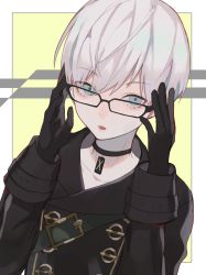 Rule 34 | 1boy, belt, bespectacled, black coat, black gloves, choker, coat, collarbone, commentary request, dutch angle, glasses, gloves, grey eyes, hands up, highres, kirudai, long sleeves, looking at viewer, male focus, nier (series), nier:automata, no blindfold, open mouth, solo, tsurime, upper body, white hair, yellow background, 9s (nier:automata)