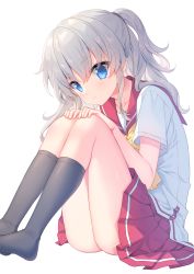 Rule 34 | 1girl, absurdres, black socks, blue eyes, bow, closed mouth, collarbone, commentary request, commission, copyright request, feet out of frame, grey hair, hair between eyes, hands on own knees, has bad revision, has downscaled revision, highres, knees up, long hair, looking at viewer, md5 mismatch, no shoes, pixiv commission, pleated skirt, ponytail, red sailor collar, red skirt, resolution mismatch, sacraneco, sailor collar, school uniform, serafuku, shirt, short sleeves, simple background, sitting, skirt, socks, solo, source smaller, tomori nao, white background, white shirt, yellow bow