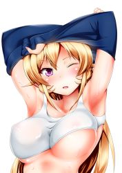 Rule 34 | 10s, 1girl, armpits, arms up, blonde hair, blush, bra, breasts, covered erect nipples, female focus, large breasts, long hair, looking at viewer, nakiri erina, one eye closed, open mouth, purple eyes, see-through, shokugeki no souma, simple background, solo, sweat, underwear, undressing, upper body, yottin