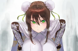Rule 34 | 1girl, arm guards, bad id, bad pixiv id, black gloves, black hair, bodysuit, breasts, bun cover, cape, chinese clothes, closed mouth, cloud print, colored skin, commentary request, double bun, fate/grand order, fate (series), fingerless gloves, gloves, green eyes, hair bun, ikuchan kaoru, leaning forward, looking at viewer, medium breasts, multicolored skin, qin liangyu (fate), sidelocks, simple background, skin tight, solo, standing, taut clothes, upper body, white bodysuit, white cape