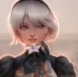 Rule 34 | 1girl, black gloves, blue eyes, blush, flower, gloves, hairband, highres, holding, holding flower, looking at viewer, mole, mole under mouth, nier (series), nier:automata, parted lips, patreon username, polkin, short hair, smile, solo, tumblr username, upper body, watermark, web address, white hair, 2b (nier:automata)