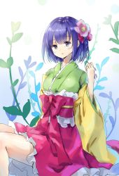 Rule 34 | 1girl, :o, bob cut, bow, breasts, commentary request, flower, frilled skirt, frills, green kimono, hair flower, hair ornament, hieda no akyuu, highres, japanese clothes, kimono, layered clothes, layered kimono, legs, long sleeves, medium breasts, one-hour drawing challenge, parted lips, purple eyes, purple hair, red bow, red skirt, sash, shironeko yuuki, sitting, skirt, solo, touhou, wide sleeves, yellow kimono