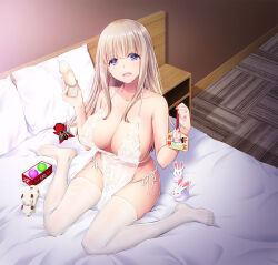 Rule 34 | 1girl, bed, blonde hair, blue eyes, blush, breasts, eyebrows hidden by hair, feet, female focus, from above, groin, highres, holding, indoors, large breasts, legs, legs apart, lingerie, long hair, looking at viewer, nakajima yuka, on bed, open mouth, original, panties, pillow, sitting, smile, solo, string panties, thick eyebrows, thighhighs, thighs, underwear