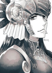 Rule 34 | 1girl, armor, black armor, breastplate, closed mouth, feathers, greyscale, helmet, hrist valkyrie, long hair, looking at viewer, monochrome, shoulder armor, simple background, solo, valkyrie profile (series), white background, winged helmet