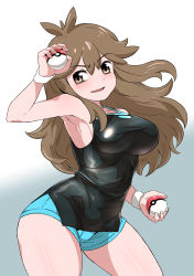 Rule 34 | 1girl, absurdres, armpits, blue shorts, blush, breasts, brown hair, creatures (company), game freak, green (pokemon), highres, large breasts, long hair, moto toshi, nintendo, pleated skirt, poke ball, poke ball (basic), pokemon, pokemon lgpe, shirt, shorts, sidelocks, skirt, sleeveless, sleeveless shirt, solo, vs seeker