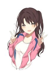 Rule 34 | 10s, 1girl, :d, bad id, bad tumblr id, blush, breasts, brown eyes, brown hair, double w, flying sweatdrops, hand gesture, hands up, idolmaster, idolmaster cinderella girls, jacket, long hair, long sleeves, lpip, medium breasts, open clothes, open jacket, open mouth, open jacket, pink jacket, shimamura uzuki, simple background, smile, solo, sweatdrop, unzipped, upper body, w, white background, zipper
