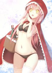 Rule 34 | 1girl, :o, basket, bikini, black bikini, bottle, breasts, cleavage, cowboy shot, fingers together, highres, koyaya, lace, lace-trimmed legwear, lace trim, little red riding hood, long hair, looking at viewer, navel, open mouth, original, pink hair, red hood, solo, standing, swimsuit, thighhighs, wine bottle, yellow eyes