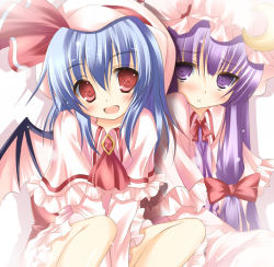 Rule 34 | 2girls, alternate hairstyle, bat wings, blue hair, blush, crescent, crescent moon, fang, female focus, hair ribbon, long hair, moon, multiple girls, nozomi tsubame, open mouth, patchouli knowledge, purple eyes, purple hair, red eyes, remilia scarlet, ribbon, short hair, sitting, embodiment of scarlet devil, touhou, wings