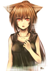 Rule 34 | 10s, 1girl, 2011, absurdres, animal ears, blush, breasts, brown hair, cat ears, cat girl, collarbone, dated, female focus, highres, kotoba noriaki, kotobanori aki, long hair, looking at viewer, open mouth, original, ponytail, red eyes, simple background, sleeveless, solo, tank top, upper body, white background