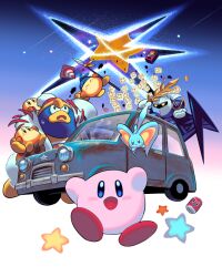 1boy bandana_waddle_dee bird_boy car commentary creature eda elfilin english_commentary floating furry furry_male king_dedede kirby kirby_(series) kirby_and_the_forgotten_land meta_knight motor_vehicle nintendo notched_ear shooting_star star_(symbol) waddle_dee