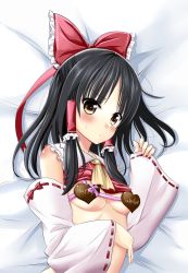 Rule 34 | 1girl, bad id, bad pixiv id, black hair, blush, bow, breasts, candy, chocolate, chocolate heart, chocolate on body, chocolate on breasts, detached sleeves, female focus, food, hair bow, hair tubes, hakurei reimu, happy valentine, heart, highres, looking at viewer, natsupa, solo, touhou, valentine