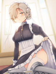 Rule 34 | 1girl, azur lane, black dress, braid, breasts, clothes lift, collar, cross, cross necklace, dress, dress lift, frilled dress, frills, garter straps, hair over one eye, highres, indoors, jewelry, layered dress, light brown hair, medium breasts, armored boots, metal collar, necklace, nekonetoru take, sheffield (azur lane), sitting, skirt hold, solo, thighhighs, thighs, underbust, white thighhighs, window, yellow eyes