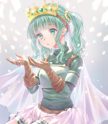 Rule 34 | 1girl, aqua eyes, aqua hair, aqua sweater, armor, belt, blunt bangs, breastplate, brown belt, brown gloves, crown, crying, crying with eyes open, fold-over boots, frilled skirt, frills, futaba sana, gem, glass shards, gloves, green gemstone, grey background, hands up, highres, jewelry, magia record: mahou shoujo madoka magica gaiden, magical girl, mahou shoujo madoka magica, medium hair, necklace, parted lips, ribbed sweater, riri (ririwaldorf), sidelocks, sitting, skirt, solo, sweater, tears, turtleneck, turtleneck sweater, twintails, upper body, veil, wavy hair, white skirt