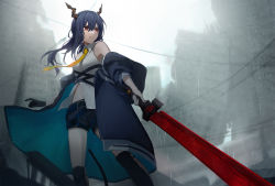 Rule 34 | 1girl, arknights, bare shoulders, black footwear, blue hair, blue jacket, blue shorts, boots, ch&#039;en (arknights), chi xiao (arknights), commentary, dragon horns, feet out of frame, highres, holding, holding sword, holding weapon, horns, jacket, knee boots, long hair, long sleeves, navel, nekoreito, off shoulder, outdoors, red eyes, shirt, short shorts, shorts, sleeveless, sleeveless shirt, solo, standing, sword, weapon, white shirt