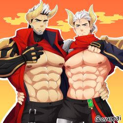 2boys, abs, bara, bare pecs, black hair, black pants, blush, bulge, character request, chinese zodiac, coat, cow horns, cowboy shot, darius (league of legends), green eyes, hand on another&#039;s waist, horns, kaiki (osuppai), large pectorals, league of legends, lifted by self, looking at viewer, lunar beast darius, male focus, mature male, multicolored hair, multiple boys, muscular, muscular male, navel, nipples, pants, pectoral docking, pectoral press, red coat, shirt lift, short hair, sideburns, stomach, two-tone hair, white hair, yaoi, year of the ox