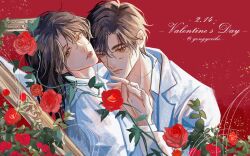 Rule 34 | 2boys, absurdres, brown eyes, brown hair, flower, gongyerihe, happy valentine, highres, holding hands, i only like your character settings, interlocked fingers, looking at viewer, multiple boys, own hands together, red flower, red rose, rose, short hair, xia xiqing, zhou ziheng